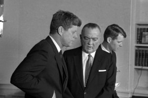 Edgar Hoover, center, has two listeners in President John F. Kennedy ...