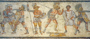 Gladiatoren auf einem Mosaik Ein Bild, das aus vielen kleinen