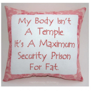 Funny Cross Stitch Pillow, Cross Stitch Quote, Salmon Pink Pillow, Fat ...