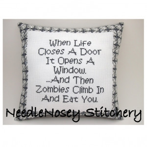 Cross Stitch Pillow Funny Quote, Black and White Pillow, Zombie Quote ...
