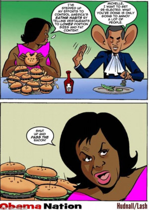 ... overweight hamburger-munching glutton in cartoon attacking her obesity