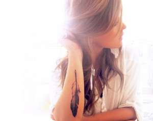 feather, girl, hair, light, tattoo, tattos