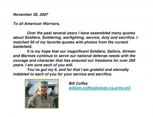 November 28, 2007To all American Warriors, Over the past several years ...