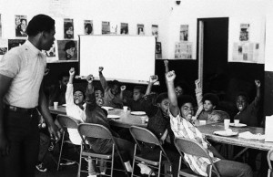 ... black power salute and slogans at a Black Panther liberation school