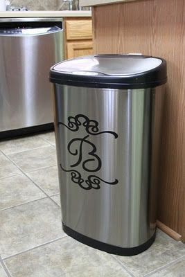 monogrammed trash can - Google Search great idea for outdoor bins, so ...