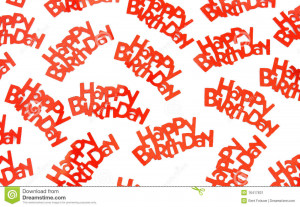 group of red happy birthday confetti pieces on a white background.
