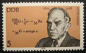 German postage stamp honoring Otto Hahn, who discovered atomic fission ...