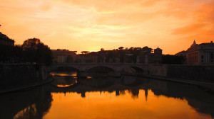 Sunset over river) Tiber River Rome
