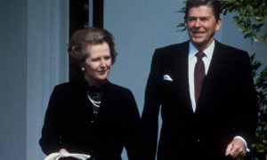 Reagan walking with Margaret Thatcher. (Sipa Press/Rex Features)