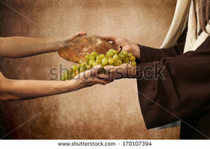 Jesus gives bread and grapes on beige background - stock photo
