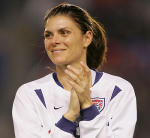 Mia Hamm #9 of USA gestures as she is honored during a pregame ...