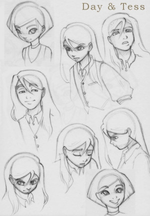 Old quicky sketches of Day and Tess. His eyes are way too big here ...