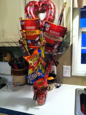 Bouquet for men. Jerky, pistachios, Cheetos, Reese's, use his favorite ...
