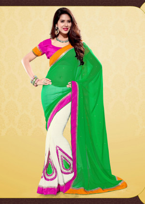 home saree intriguing green chiffon patch border work saree