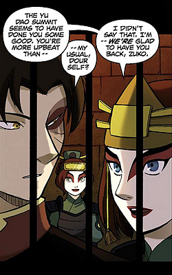 Suki explaining to Zuko that she is glad about his return to a more ...