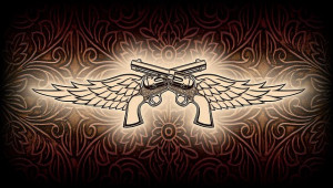 Picture of the tattoo design with guns and wings .