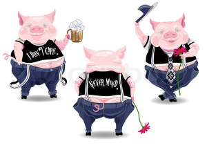 Stock image of 'Three funny pig characters with beer, flower and text'