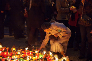 Yellow tape by them candles,