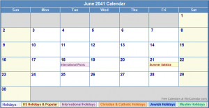 June 2041 Calendar with US, Christian, Jewish, Muslim & Holidays