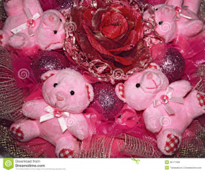 ... : Four pink Teddy bears and artificial flower.Christmas compositio
