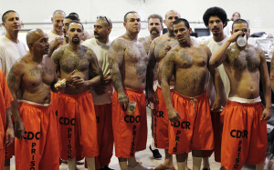 Inmates stand in a gymnasium where they are housed due to overcrowding ...