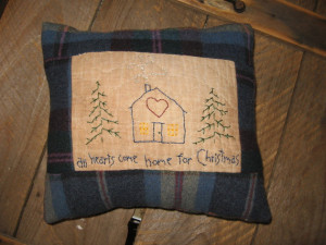 Embroidery Christmas Pillow w sayings recycled wool plaid