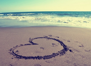 beach, cute, footprint, heart, love, ocean, sand