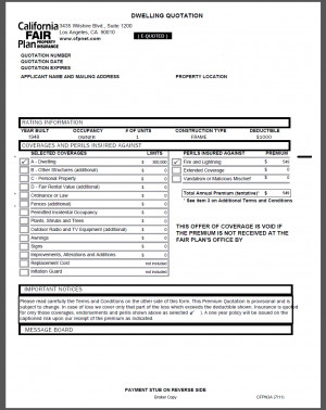 Example California Fair Plan Quote (only Basic coverage for Fire and ...