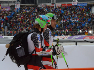 Ted Ligety and Bode Miller (both USA) try to find out why their team ...