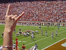 fan displays the Hook 'em Horns during a Texas football game versus ...