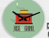 Kitchen Art - Coffee Quote Illustration wall clock - Rise and Grind ...