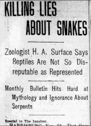 ... about Snakes, Philadelphia Inquirer newspaper article 25 November 1906