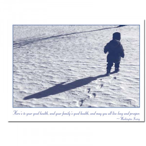 new years card photo cover of child walking in snow leaving footprints ...