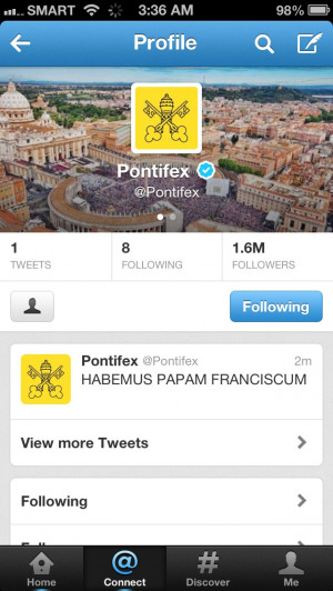 Pope Francis is on Twitter. First tweet of Pope Francis.