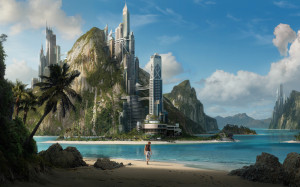 Sci Fi - City Resort Tree Sea Palm Tower Beach Man Building Sci Fi Man ...
