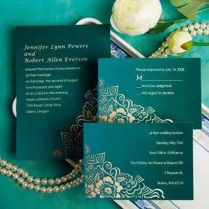 Emerald Green Impacting Golden Flower Wedding Cards