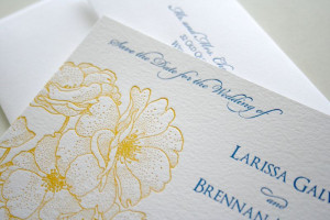 Blue Yellow Vintage Floral Letterpress Wedding Save The Date ...