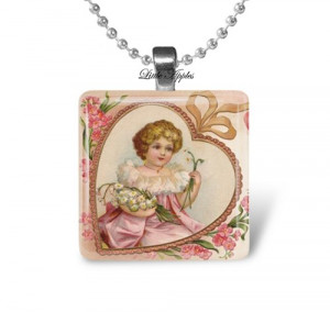 sweet victorian lady cupid angels glass necklace or keychain