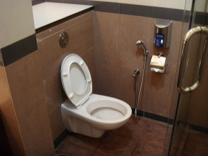 The shower is located in a separate screen and there is a rain shower ...