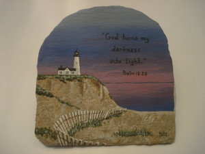 Lighthouse and Bible Verse hand painted on slate.