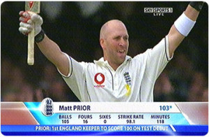 Matthew Prior R 1995 00 reaches his century on his England debut at