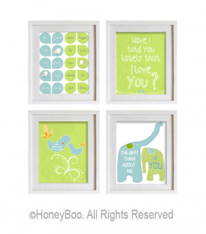 Lime green aqua blue room decor, love quote, elephants, birds ...