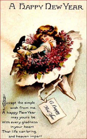 Vintage New Year Greeting Card: Short poem and little girl in a flower ...