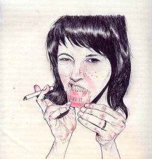 art, artwork, cigarette, drawing, girl, illustration, lip tattoo ...