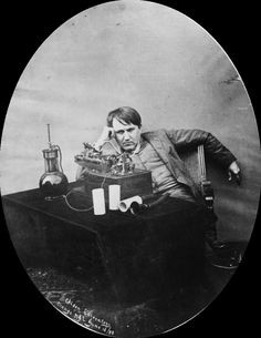 Thomas Edison listening to a wax cylinder phonograph at the Edison ...