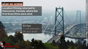 The opening scene was filmed on the Lions Gate Bridge in Vancouver