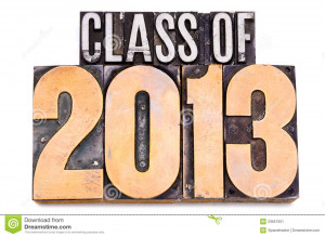 The phrase Class of 2013 in letterpress type. Narrow focus.