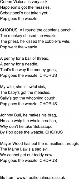 Old-Time (oldtimey) Song Lyrics - pop goes the weasel