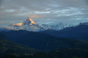 Mount Machhapuchhre or Fishtail stands at 6,993m in the Himalayas of ...