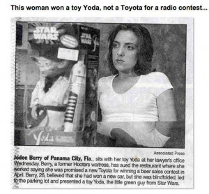 This woman won a toy yoda – not a Toyota for a radio contest